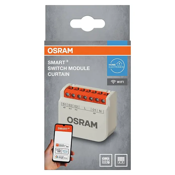 Osram Smart+ Schalter Vorhang - Weiß, Innen - Osram Smart+ Vorhang-Schaltmodul, weiß mit orangefarbenen Klemmen, auf der Verpackung mit Smartphone-App-Anzeige.