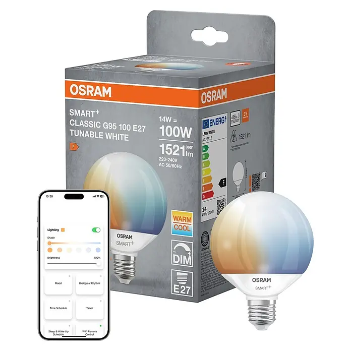 Osram Smart+ Smart-LED-Lampe matter - E27, Dimmbar, Mehrfarbig, 1.521 lm, 14 W - OSRAM SMART+ Classic G95 tunable white E27 LED-Birne, leuchtend mit warmem/kühlem Licht, Verpackung und Steuerungs-App.