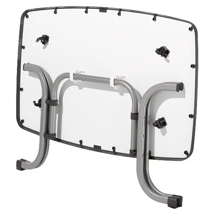 Sieger Gartentisch - L x B x H: 150 x 90 x 72 cm, Stahl, Mecalit, Rechteckig, Graphit - Unterseite eines Klapptisches mit grauem Metallgestell und weißer Tischplatte. Die Tischbeine sind eingeklappt.