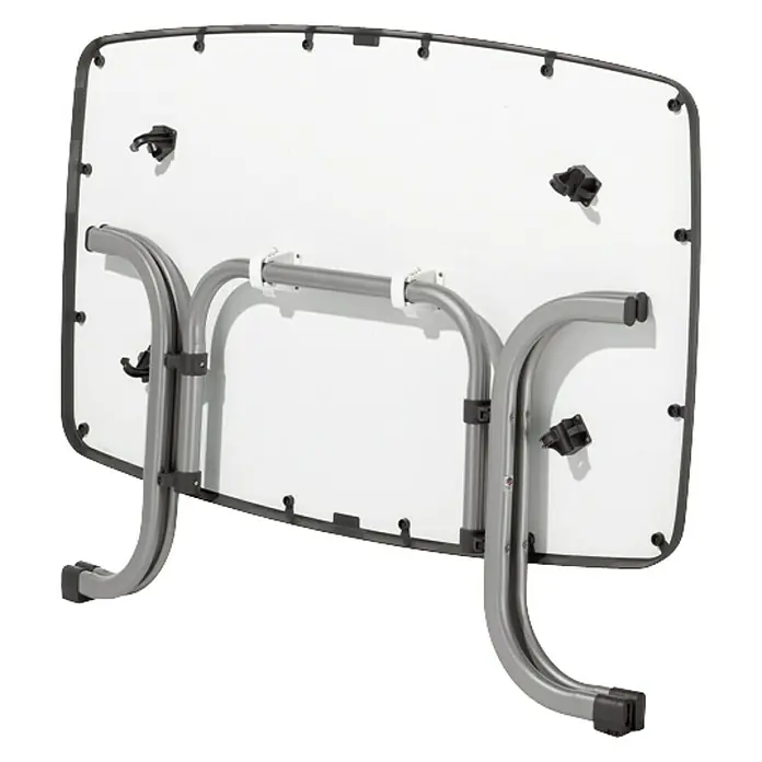 Sieger Klapptisch - L x B x H: 150 x 90 x 72 cm, Stahl, Mecalit, Rechteckig, Graphit - Unterseite eines Klapptisches mit grauem Metallgestell und weißer Tischplatte. Die Tischbeine sind eingeklappt.