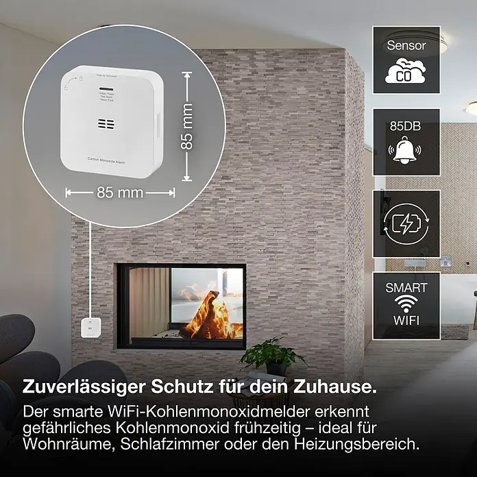 Ledvance Smart+ WiFi Kohlenmonoxidmelder - L x B x H: 8,5 x 2,73 x 8,5 cm, Batterielaufzeit: 5 Jahre - Ein weißer, quadratischer WiFi-Kohlenmonoxidmelder (85x85mm) mit CO-Sensor, 85dB Alarmfunktion und Smart-Anbindung, ideal für Zuhause.