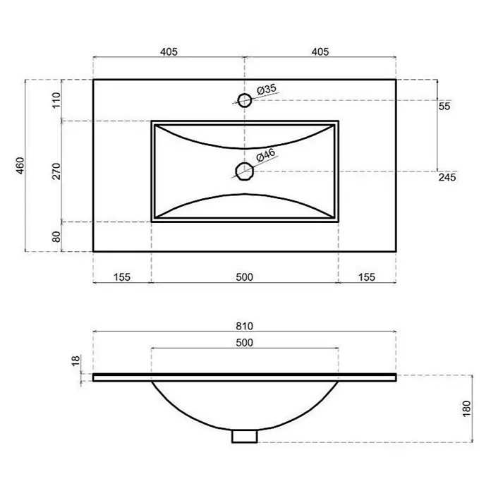 Kiamami Valentina Badmöbel-Set - Helles Holz - Technisches Diagramm eines rechteckigen Waschbeckens mit einem Hahnloch und Abfluss, mit Draufsicht und Vorderansicht sowie Hauptmaßen.