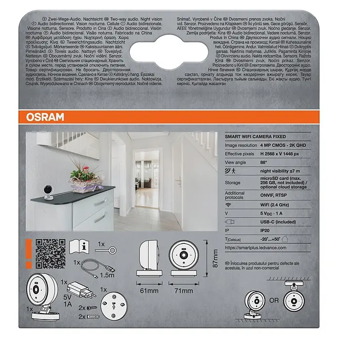 Osram Smart+ Überwachungskamera Fixed - Weiß - Weiße OSRAM Smart WiFi Kamera mit schwarzer Front, Maßen, USB-C Kabel, Netzteil, Montagezubehör und technischen Spezifikationen.