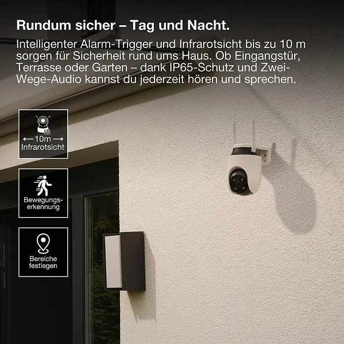 Osram Smart+ Überwachungskamera Outdoor 360 - Weiß - Weiße Außenkamera mit Antennen an einer Wand. Bietet 10m Infrarotsicht, Bewegungserkennung, IP65-Schutz und Zwei-Wege-Audio für Tag-Nacht-Sicherheit.