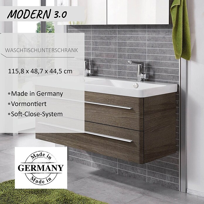 Modern 3.0 Waschtischunterschrank (49 x 116 x 42 cm, 2 Schubkästen, Eiche Maron, Matt)