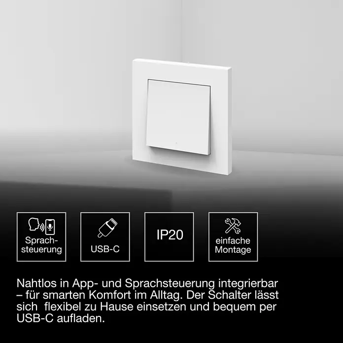 Osram Smart+ Schalter magnetischer Wandschalter 1G matter - Weiß, Innen - Ein weißer smarter Wandschalter in minimalistischem Design mit quadratischem Rahmen und Wipptaste.