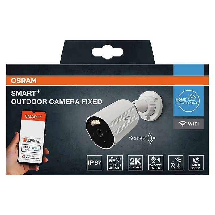 Osram Smart+ Überwachungskamera Outdoor Fixed - Weiß - Produktverpackung einer weißen OSRAM SMART+ Outdoor-Kamera, detailliert mit 2K-Video, WLAN, Zwei-Wege-Audio, Nachtsicht und Smart-App-Kompatibilität.