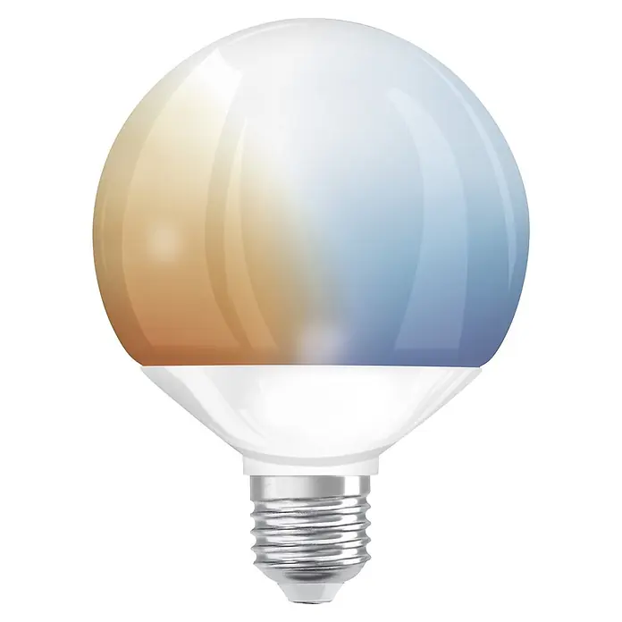 Osram Smart+ Smart-LED-Lampe matter - E27, Dimmbar, Mehrfarbig, 1.521 lm, 14 W - Smarte LED-Glühbirne mit weißem Sockel und silbernem Schraubgewinde, der Globus wechselt von warmem Gelb zu kühlem Blau.