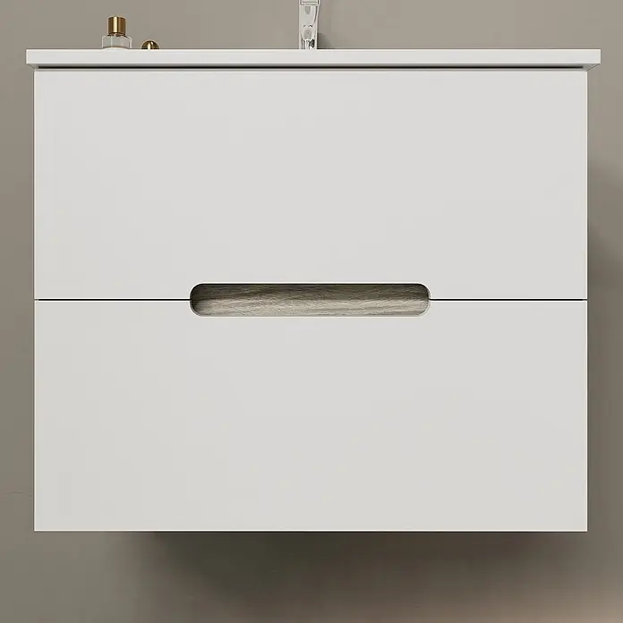 Kiamami Valentina Badmöbel-Set - Weiß - Weißer wandmontierter Badschrank mit zwei Schubladen und integriertem Holzgriff.