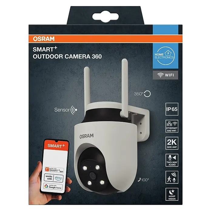 Osram Smart+ Überwachungskamera Outdoor 360 - Weiß - OSRAM SMART+ Outdoor Kamera 360: Weiße und schwarze Überwachungskamera mit zwei Antennen, 2K QHD, 360°-Schwenk und Nachtsicht.