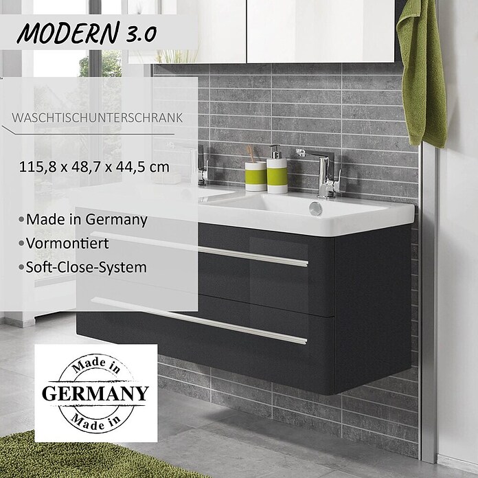 Modern 3.0 Waschtischunterschrank (49 x 116 x 42 cm, 2 Schubkästen, Grafit, Hochglanz)