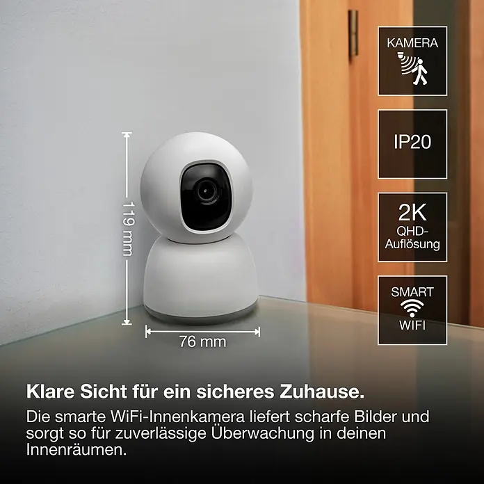 Osram Smart+ Überwachungskamera 360 - Weiß - Weiße smarte WLAN-Innenkamera, 119 mm hoch, 76 mm breit, mit 2K QHD-Auflösung für zuverlässige Innenraumüberwachung.