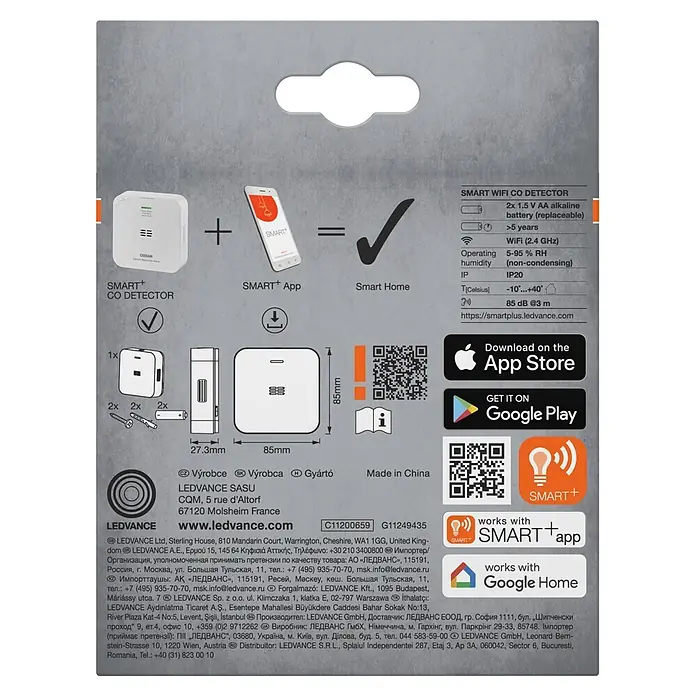 Ledvance Smart+ WiFi Kohlenmonoxidmelder - L x B x H: 8,5 x 2,73 x 8,5 cm, Batterielaufzeit: 5 Jahre - Weißer, quadratischer smarter WLAN-Kohlenmonoxidmelder mit App- und Smart-Home-Integration.