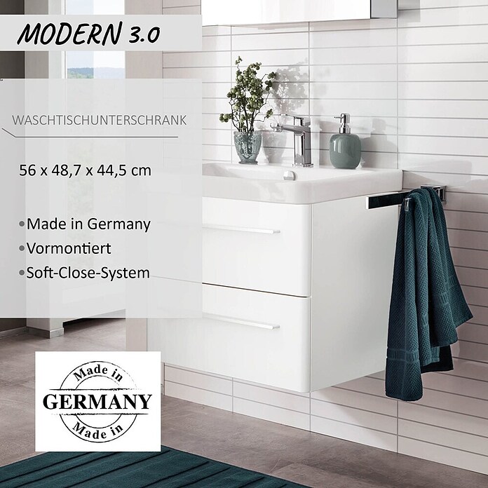 Modern 3.0 Waschtischunterschrank (49 x 56 x 42 cm, 2 Schubkästen, Weiß, Hochglanz)