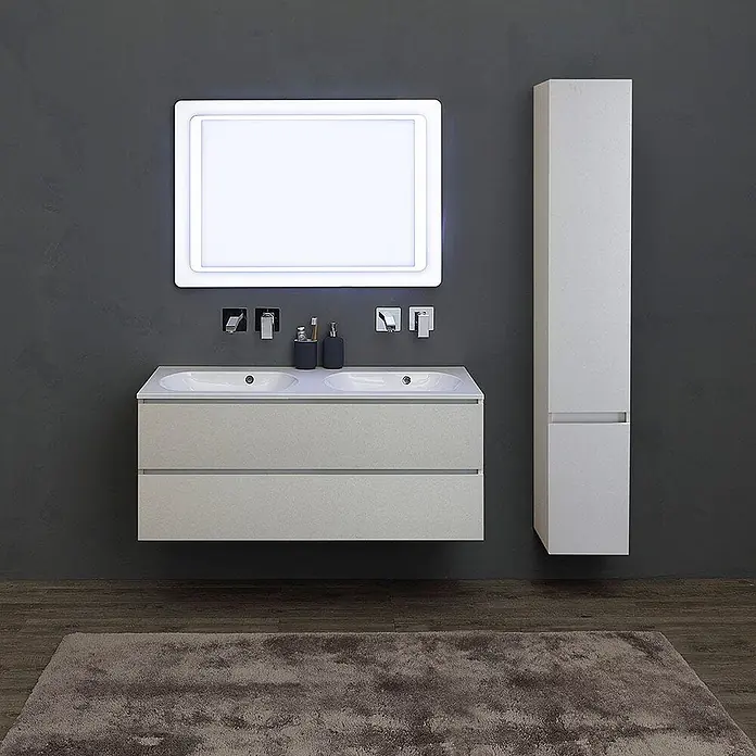 Kiamami Valentina Badmöbel-Set - Grau - Moderne, wandmontierte hellbeige Doppelwaschtisch-Kombination mit beleuchtetem Spiegel und passendem Hochschrank.