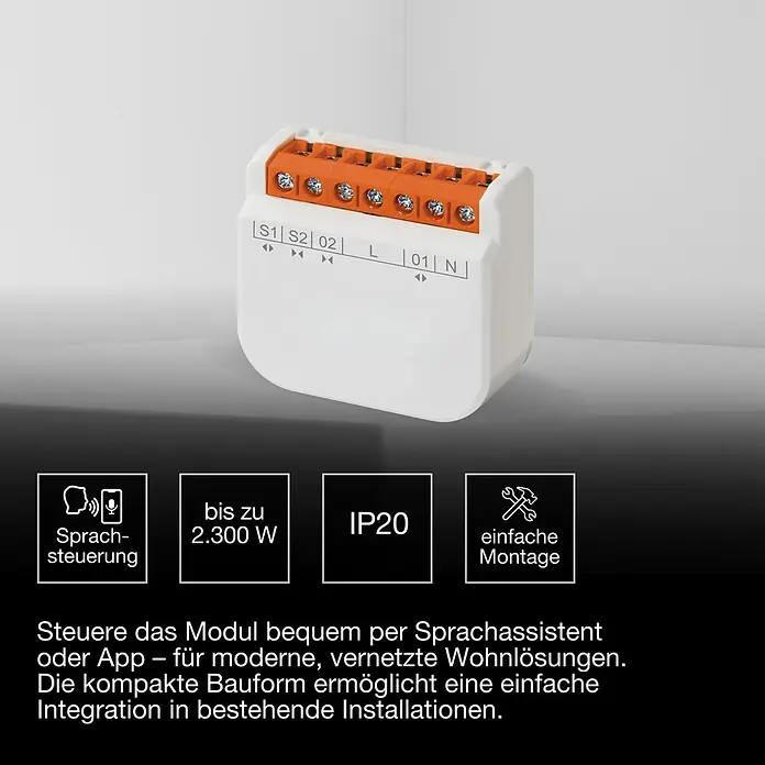 Osram Smart+ Schalter Vorhang - Weiß, Innen - Weißes Smart Home Relaismodul mit orangefarbenen Schraubklemmen und beschrifteten Anschlüssen.