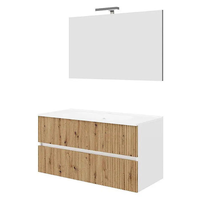 Kiamami Valentina Badmöbel-Set - Helles Holz - Weißer Badunterschrank mit geriffelten hellen Holzfronten und Spiegel mit Beleuchtung.