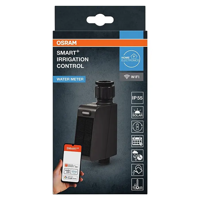Osram Smart+ Bewässerungssteuerung - Batteriebetrieben, Passend für: Bewässerungssteuerung, Smart Home System, 1 & ¾ Zoll Wasserhahn - Schwarze OSRAM SMART+ Bewässerungssteuerung (Wassermesser) mit Solarpanel, gezeigt mit Smartphone und App-Integration.
