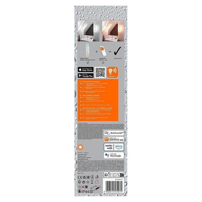 Ledvance Smart+ WiFi Aplique de pared LED Orbis Bath (13 W, L x An x Al: 30 x 7 x 5 cm, Blanco, Blanco cálido) | BAUHAUS