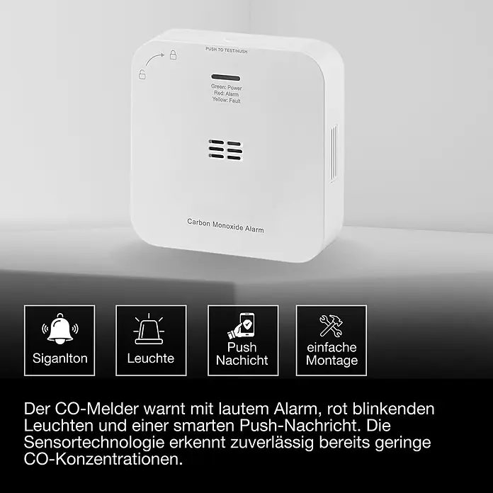 Ledvance Smart+ WiFi Kohlenmonoxidmelder - L x B x H: 8,5 x 2,73 x 8,5 cm, Batterielaufzeit: 5 Jahre - Der weiße Kohlenmonoxidmelder zeigt Test-/Hush-Taste, LEDs und Lautsprechergitter.