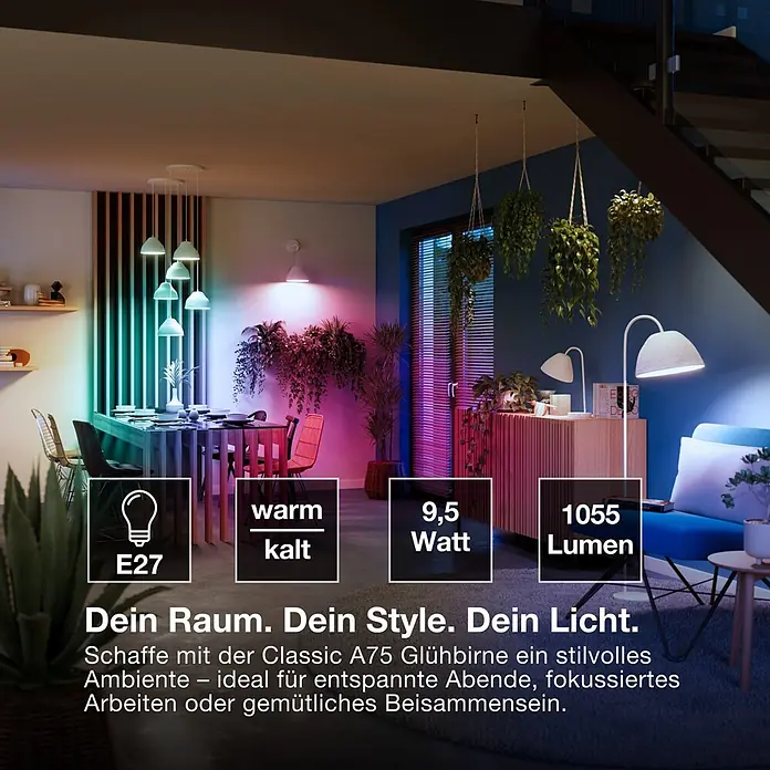 Ledvance Smart+ WiFi Smart-LED-Lampe Classic - E27, RGBW, 1.055 lm, 9,5 W, Farbtemperatur einstellbar: Stufen - Ein Wohnraum mit farbiger smarter Beleuchtung schafft eine stilvolle Atmosphäre für verschiedene Stimmungen und Aktivitäten.
