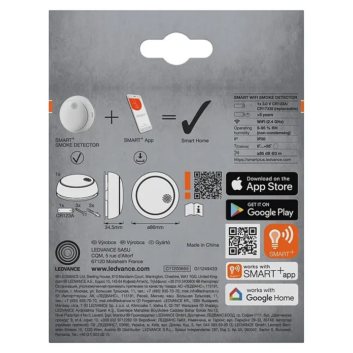 Osram Rauchwarnmelder Smoke Detector - Durchmesser: 8,6 cm, Batterielaufzeit: 5 Jahre, Alarmsignal: 85 dB, 1 Stk. - Ein weißer, runder smarter WLAN-Rauchmelder mit Batterie, Montagezubehör, mobiler App-Oberfläche und Smart-Home-Integration.