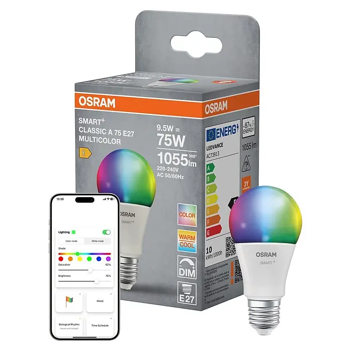 Ledvance Smart+ WiFi Smart-LED-Lampe Classic - E27, RGBW, 1.055 lm, 9,5 W, Farbtemperatur einstellbar: Stufen - OSRAM SMART+ E27 Multicolor Smart-Glühbirne mit Verpackung und Smartphone-App zur Steuerung von Farbe und Helligkeit.