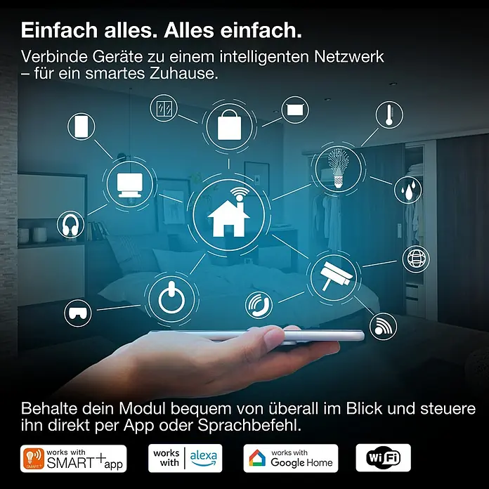 Osram Smart+ Schalter Vorhang - Weiß, Innen - Ein Smart-Home-System, das über eine Smartphone-App gesteuert wird und verschiedene Geräte wie Lichter, Sicherheit und Klima verbindet.