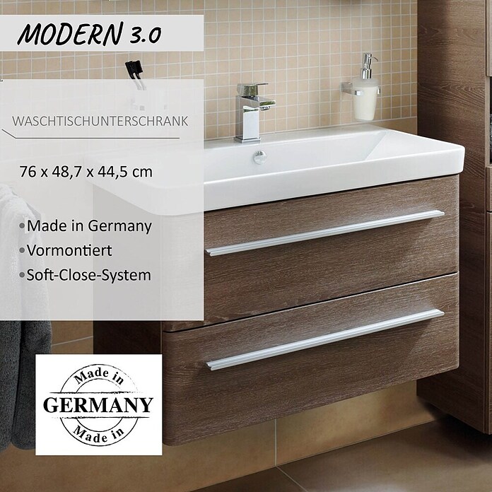 Modern 3.0 Waschtischunterschrank (49 x 76 x 42 cm, 2 Schubkästen, Eiche Maron, Matt)