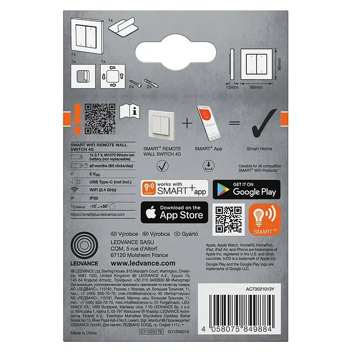 Osram Smart+ Schalter 4G matter - Weiß, Innen - Weißer zweitastiger smarter WiFi-Fernwandschalter, Maße 86x86x13mm, inklusive Montagezubehör und technischen Spezifikationen.