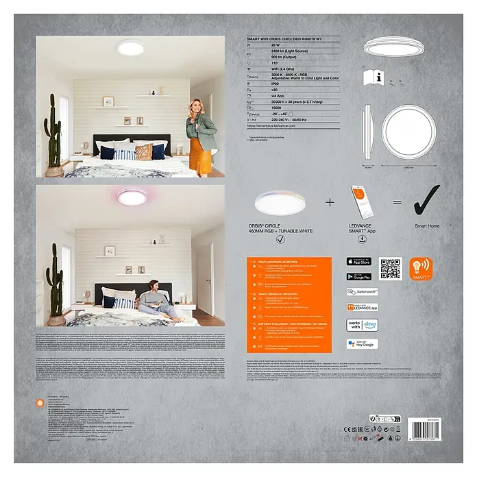Ledvance LED-Deckenleuchte rund - 28 W, Ø x H: 46 x 9,5 cm, Weiß, Mehrfarbig - Weiße, runde, smarte WLAN-LED-Deckenleuchte (460mm) mit RGB & Tunable White, im Schlafzimmer installiert.