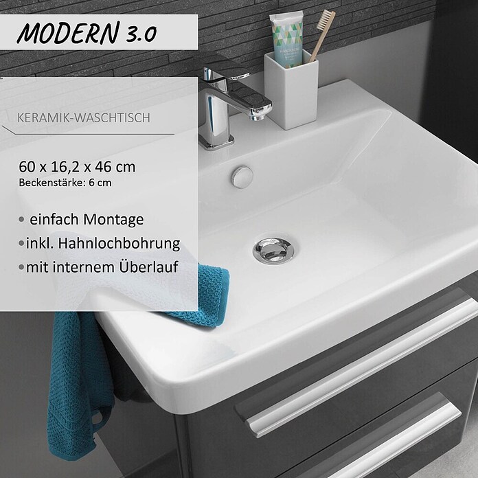 Modern 3.0 Einbauwaschbecken (60 x 46 cm, Keramik, Weiß)