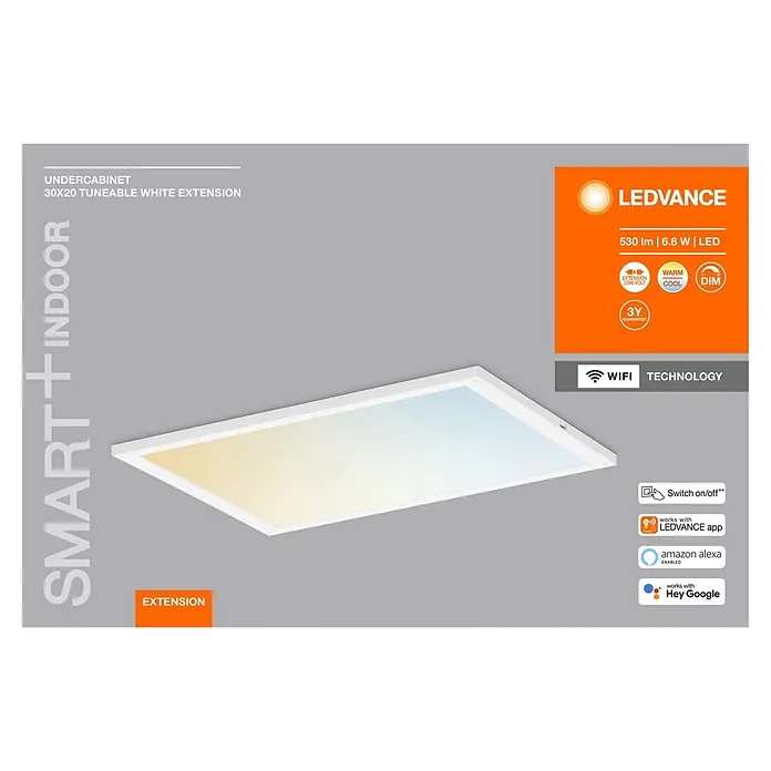 Ledvance LED-Panel - L x B x H: 30 x 20 x 8 cm, Mehrfarbig, 6,8 W - Weißes, rechteckiges smartes LED-Unterschranklichtpanel, das einstellbares warmes bis kühles weißes Licht ausstrahlt. Mit Wi-Fi und Sprachsteuerung.