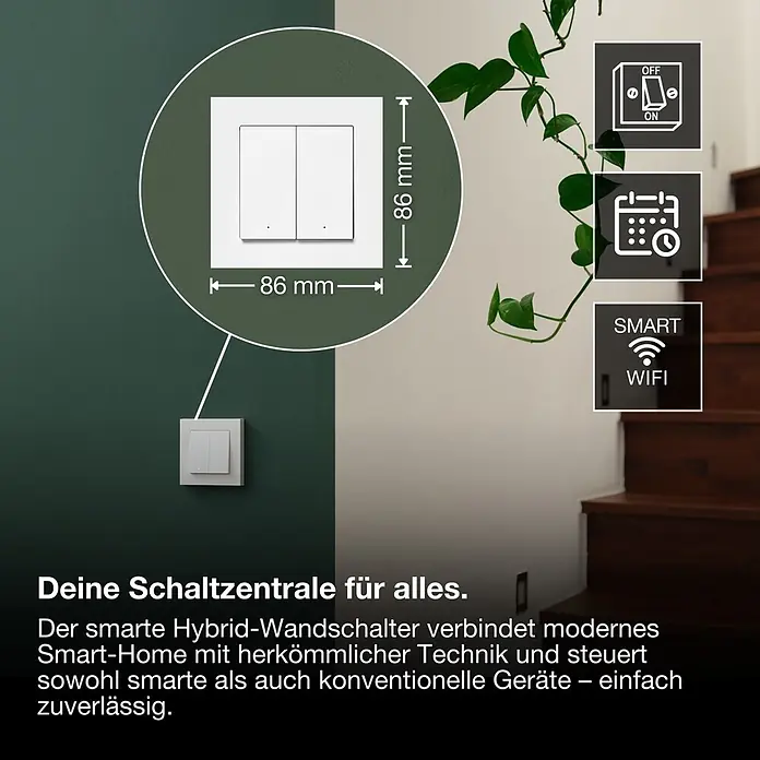 Osram Smart+ Schalter 2G matter - Weiß, Innen - Weißer smarter Doppel-Wandschalter (86x86mm), an einer Wand installiert, mit Funktionssymbolen.