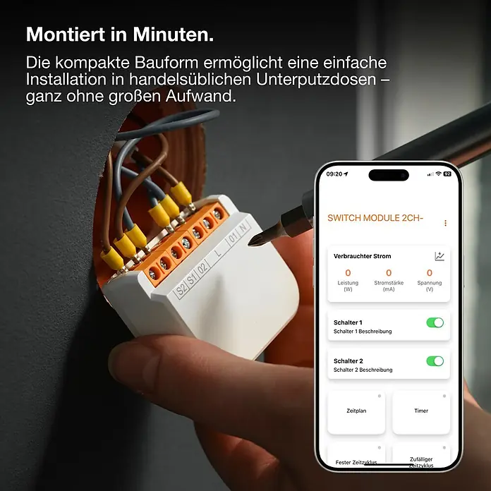 Osram Smart+ Schalter 2CH - Weiß, Innen - Ein kompaktes weißes Smart-Schaltmodul wird in eine Unterputzdose verkabelt, während eine Smartphone-App zur Steuerung angezeigt wird.