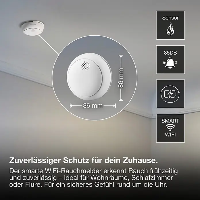Osram Rauchwarnmelder Smoke Detector - Durchmesser: 8,6 cm, Batterielaufzeit: 5 Jahre, Alarmsignal: 85 dB, 1 Stk. - Weißer, runder smarter WLAN-Rauchmelder, 86mm groß, mit Symbolen für Brandsensor, 85DB Alarm, Batterie und Smart-WLAN-Funktionen.