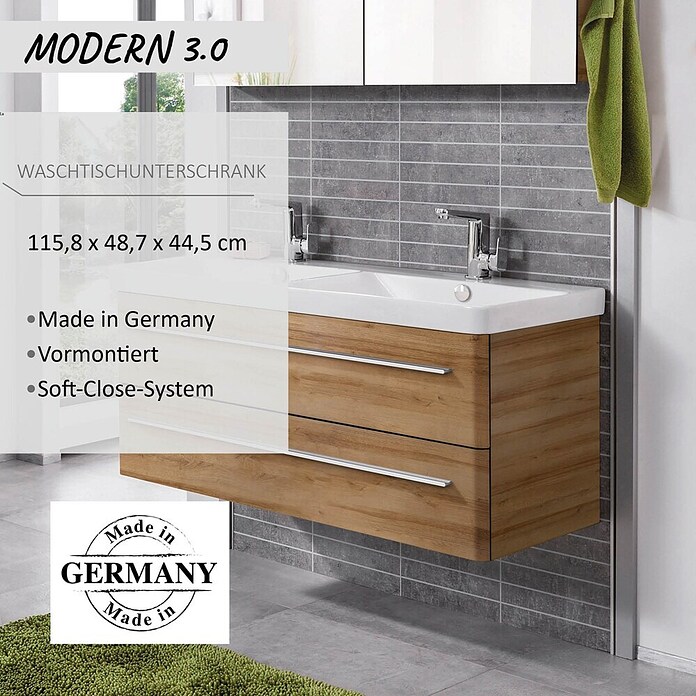 Modern 3.0 Waschtischunterschrank (49 x 116 x 42 cm, 2 Schubkästen, Berg Eiche, Matt)