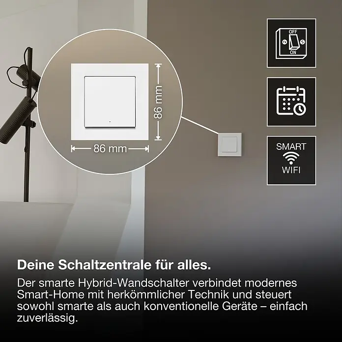 Osram Smart+ Schalter Unterputz Wandschalter 1G matter - Weiß, Innen - Weißer, smarter 86x86 mm Wandschalter mit WiFi, steuert smarte und konventionelle Geräte. Detailansicht und an der Wand montiert.
