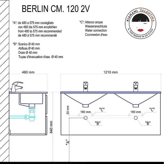 Kiamami Valentina Badmöbel-Set - Weiß - Technische Zeichnung eines Doppelwaschtischunterschranks mit Maßen, Abfluss- und Wasseranschlüssen für die Installation.