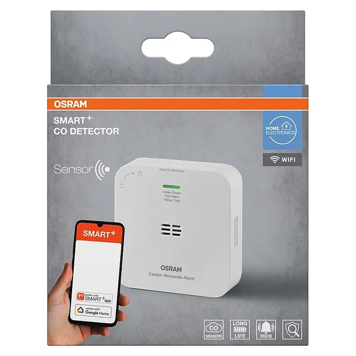 Ledvance Smart+ WiFi Kohlenmonoxidmelder - L x B x H: 8,5 x 2,73 x 8,5 cm, Batterielaufzeit: 5 Jahre - Weißer OSRAM SMART+ CO Melder mit App-Integration und WiFi-Konnektivität. Er bietet CO-Sensor, lange Lebensdauer und 85dB Alarm.