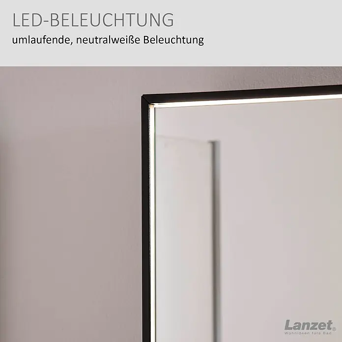 Lanzet Dune LED-Spiegelschrank - B x H: 101,8 x 70,2 cm, Holz, Schwarz - Moderner Spiegel mit umlaufender, neutralweißer LED-Beleuchtung und schwarzem Rahmen.