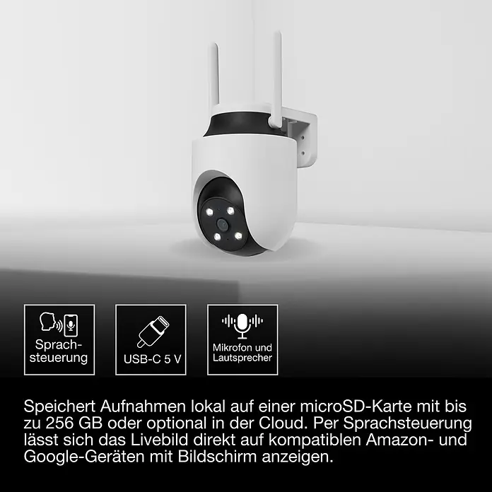 Osram Smart+ Überwachungskamera Outdoor 360 - Weiß - Weiße Überwachungskamera mit zwei Antennen, schwarzem Objektivgehäuse, Sprachsteuerung, USB-C-Stromversorgung und integriertem Mikrofon und Lautsprecher.