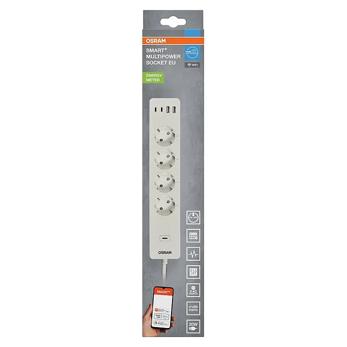Osram Smart+ Smart-Steckdosenleiste 2. Gen. 2 USB-A, 2 USB-C - Weiß - Weiße OSRAM SMART+ smarte Steckdosenleiste mit 4 AC-Anschlüssen, 4 USB-Ports, WLAN und Energiemessung.