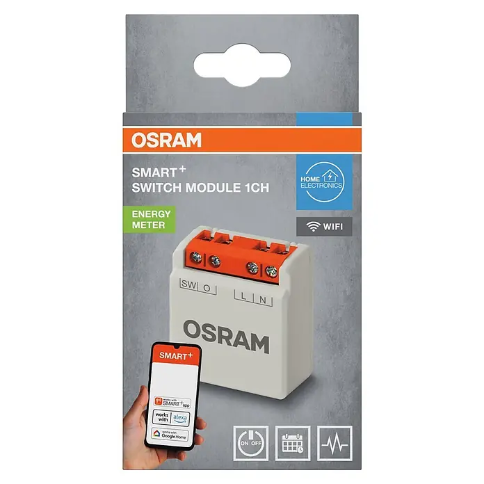 Osram Smart+ Schalter 1CH - Weiß, Innen - OSRAM SMART+ 1-Kanal Smart-Schaltmodul, weiß mit orangefarbenen Klemmen, mit Energiemessung und WiFi-Funktionen.