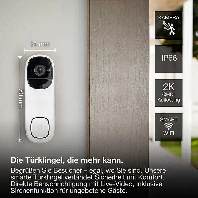 Osram Smart+ Türklingel mit Kamera - Weiß - Weiße smarte Videotürklingel mit Kamera, IP66-Wetterschutz, 2K QHD-Auflösung und WLAN. Erkennt Besucher und sendet Live-Video-Benachrichtigungen.
