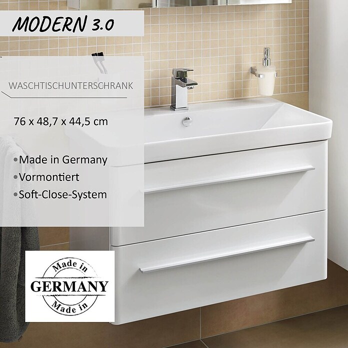 Modern 3.0 Waschtischunterschrank (49 x 76 x 42 cm, 2 Schubkästen, Weiß, Hochglanz)