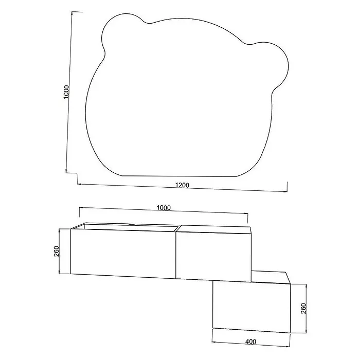 Kiamami Valentina Badmöbel-Set - Weiß - Technisches Diagramm eines bärenförmigen Möbelstücks mit gestufter Aufbewahrungseinheit.