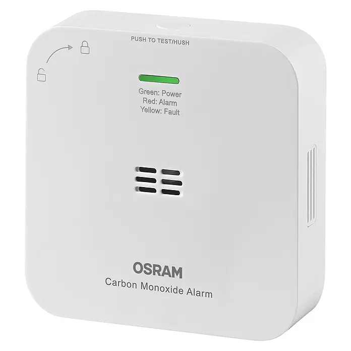 Ledvance Smart+ WiFi Kohlenmonoxidmelder - L x B x H: 8,5 x 2,73 x 8,5 cm, Batterielaufzeit: 5 Jahre - Weißer OSRAM Kohlenmonoxidmelder mit Anzeigeleuchten für Betrieb, Alarm und Fehler, sowie Test-/Stummschaltungstaste.