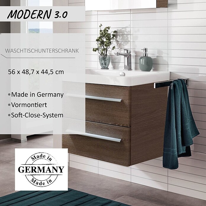 Modern 3.0 Waschtischunterschrank (49 x 56 x 42 cm, 2 Schubkästen, Eiche Maron, Matt)