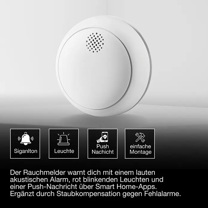 Osram Rauchwarnmelder Smoke Detector - Durchmesser: 8,6 cm, Batterielaufzeit: 5 Jahre, Alarmsignal: 85 dB, 1 Stk. - Weißer, runder Rauchmelder mit Lautsprechergitter für akustische Alarme und Warnleuchten.